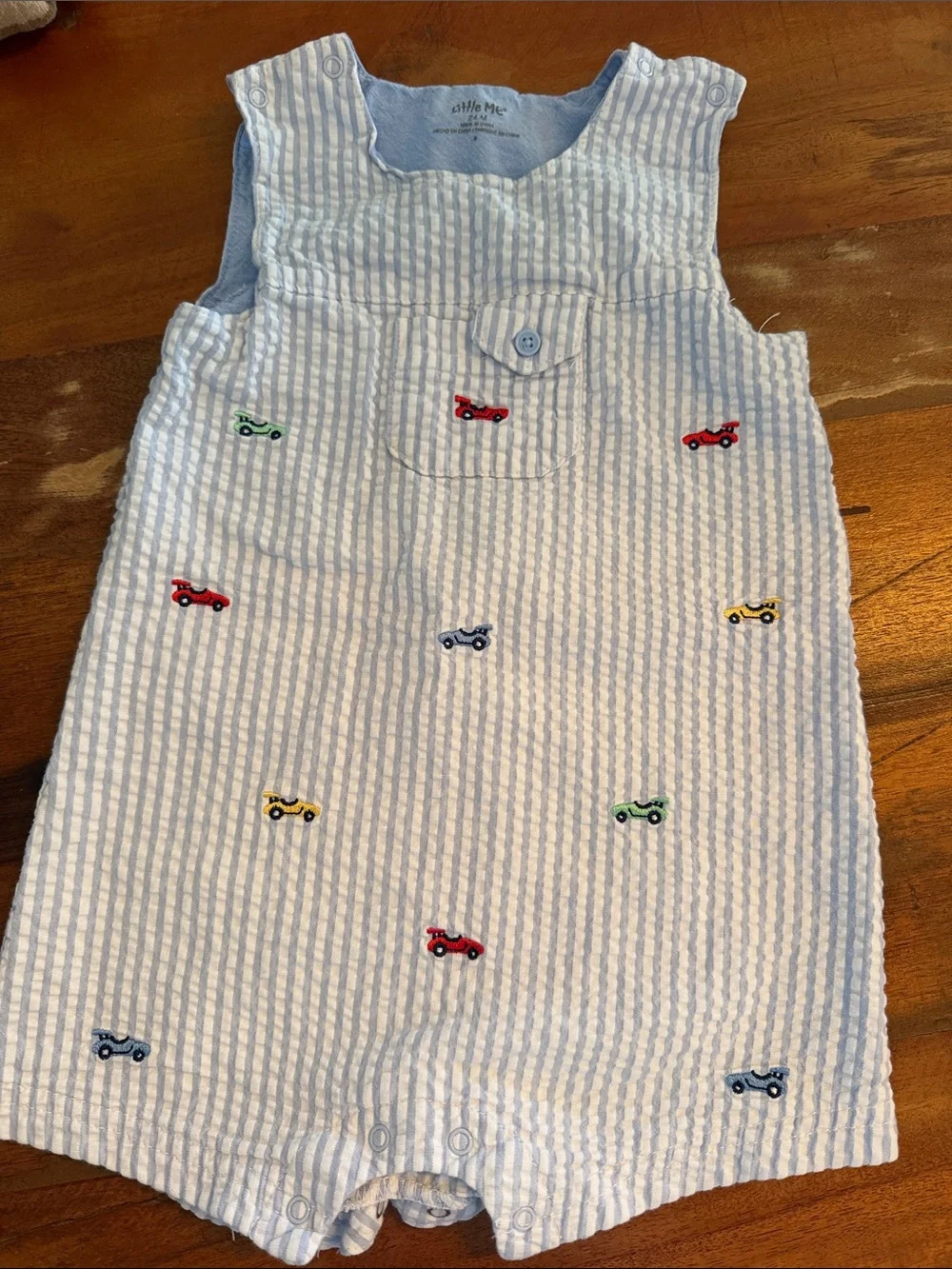 Striped Seersucker Baby Romper with Colorful Car Embroidery